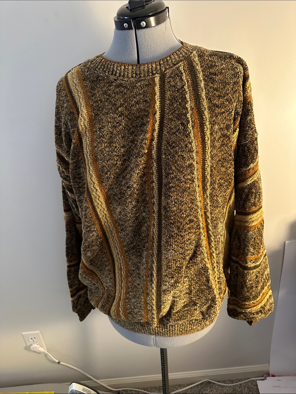 Tundra Men's Crewneck Sweater in Mustard and Brown Stripes